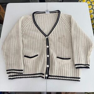 80s Vintage Fisherman Mens Large Cream Ribbed Knit Cardigan Sweater Extra Touch